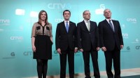 Marga Pazos, moderadora do debate, Alberto Núñez Feijóo, candidato PPdeG, Alfonso Sánchez Izquierdo, director xeral da CRTVG e Pachi Vázquez, candidato polo PSdeG-PSOE